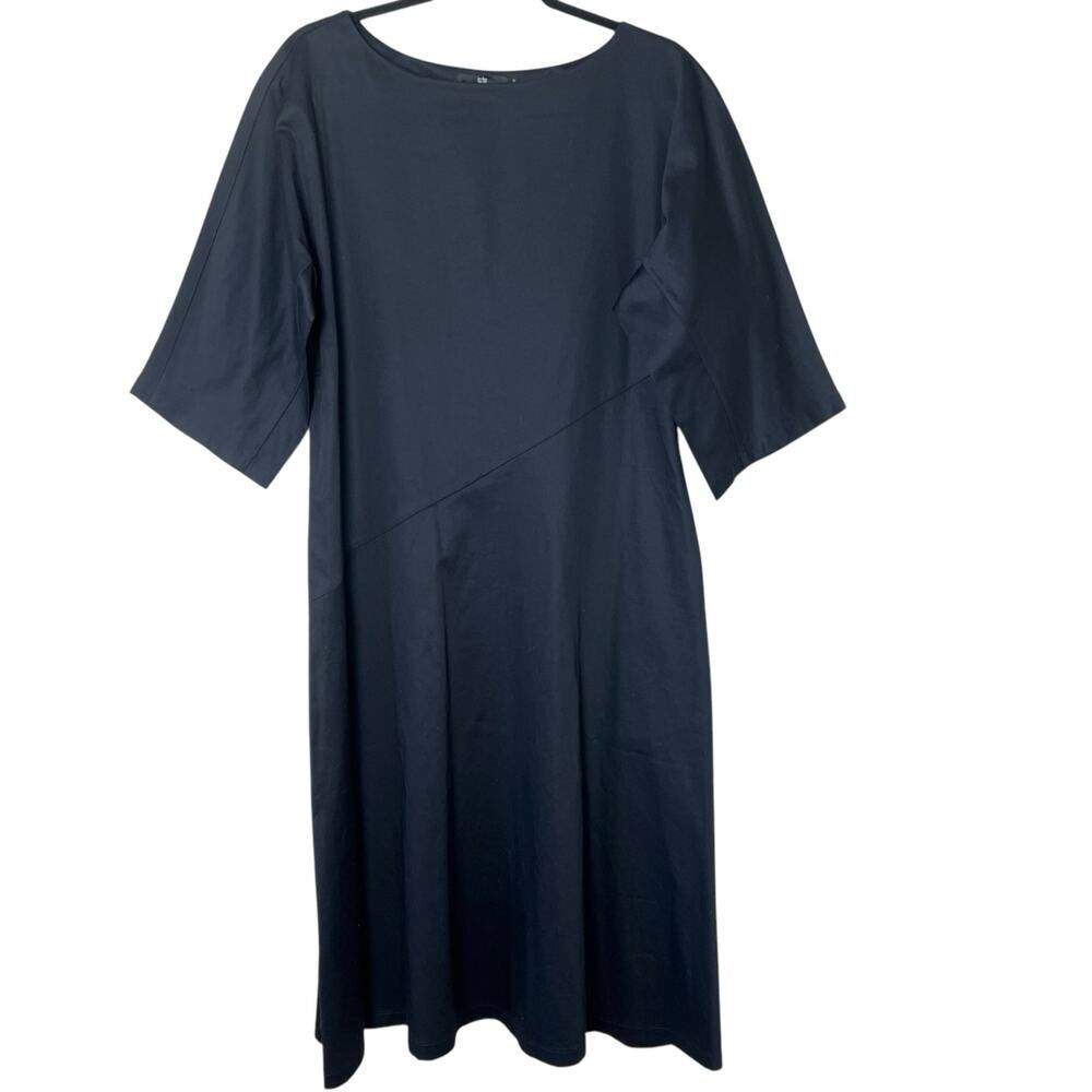 Jarbo Bateau Neck Elbow Sleeve Tencel Tea Length Midi Dress Black Sz 2-4